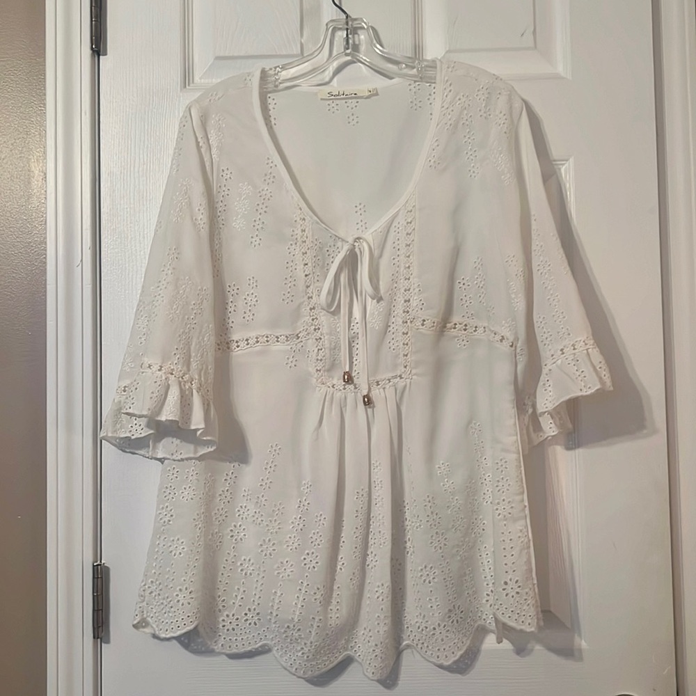 Solitaire Boho Top Cream White Eyelet Crochet Top -  Women's Medium